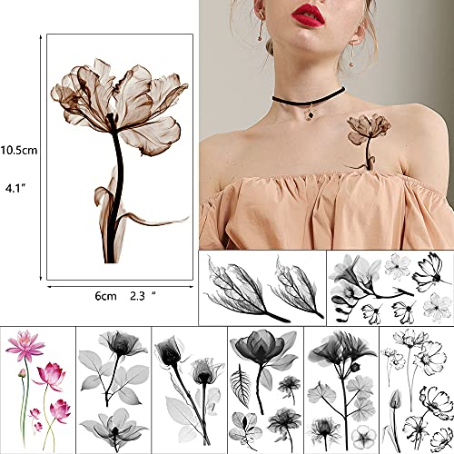 glaryyears 40 Sheets X-Ray Flower Temporary Tattoos for Women, Blossom Waterc...