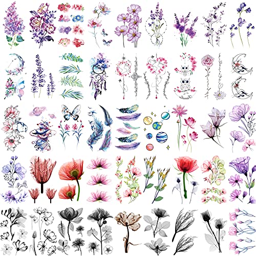 glaryyears 40 Sheets X-Ray Flower Temporary Tattoos for Women, Blossom Waterc...