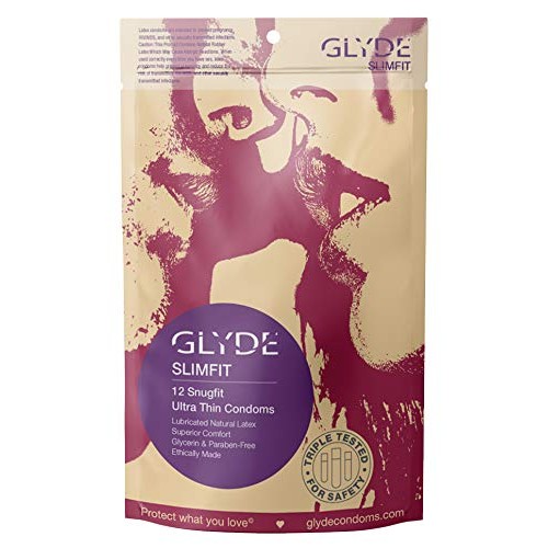GLYDE Slimfit Premium Small Condom - 12 Snugger Fit Condoms - Natural and Non...
