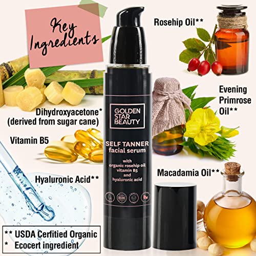 Face Tanner – Self Tan Serum w/Hyaluronic Acid and Organic Rosehip Oil, Self ...