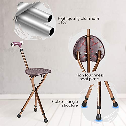 Goplus Adjustable Folding Cane Seat, Aluminum Alloy Crutch Chair with LED Lig...