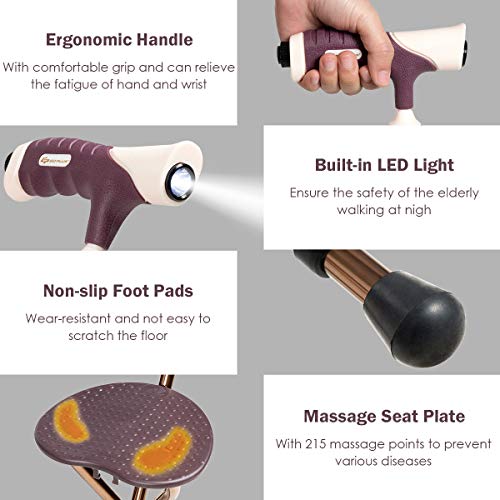 Goplus Adjustable Folding Cane Seat, Aluminum Alloy Crutch Chair with LED Lig...