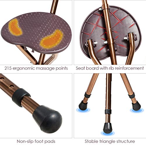 Goplus Adjustable Folding Cane Seat, Aluminum Alloy Crutch Chair with LED Lig...