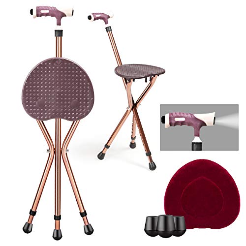 Goplus Adjustable Folding Cane Seat, Aluminum Alloy Crutch Chair with LED Lig...