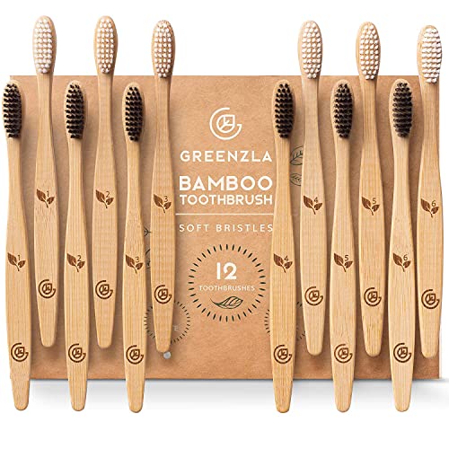 Greenzla Bamboo Toothbrushes (12 Pack) | BPA Free Soft Bristles Toothbrushes ...