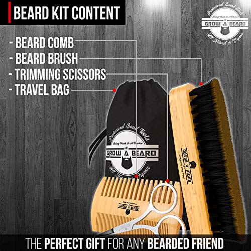 Beard Brush for Men & Beard Comb Set w/ Mustache Scissors Grooming Kit, Natur...