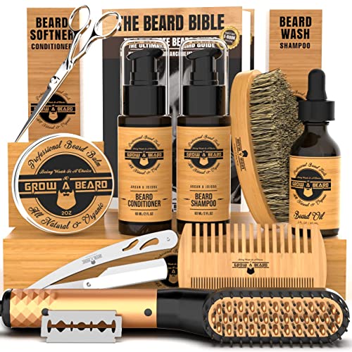 Beard Straightener Grooming Kit for Men, 2 Oz Growth Oil, 2 Oz Sandalwood Bal...