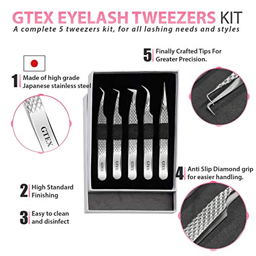 GTEX Lash Eyelash Extension Tweezers Set of 5, Japanese Stainless Steel Tools...