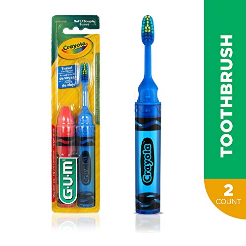 GUM - 228RB Crayola Kids' Travel Toothbrush, Antibacterial Bristles, Soft, Ag...