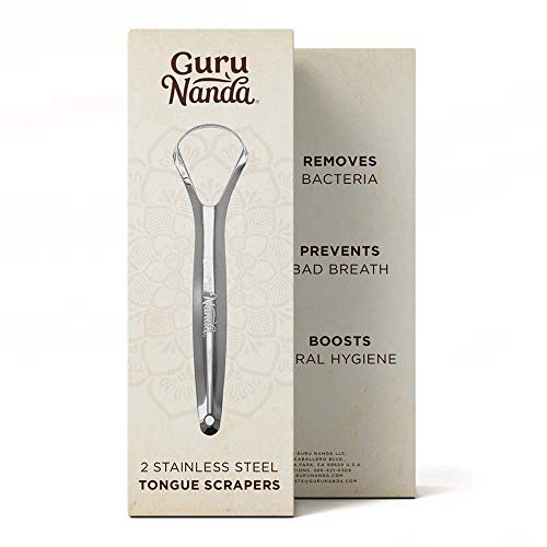 GuruNanda Stainless Steel Tongue Scraper (Pack of 2), Fights Bad Breath, Medi...