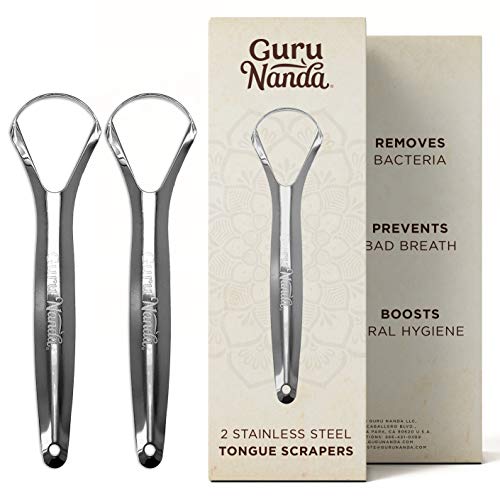 GuruNanda Stainless Steel Tongue Scraper (Pack of 2), Fights Bad Breath, Medi...