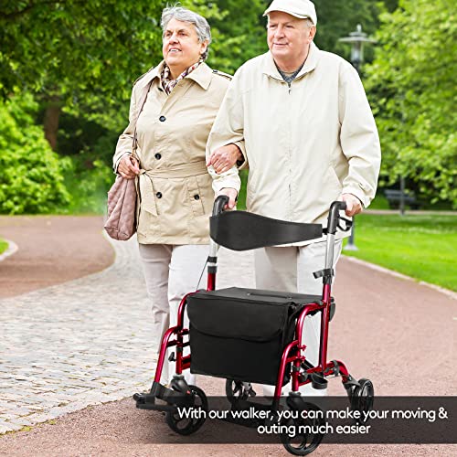 GYMAX 2 in 1 Foldable Rollator Walker, Height Adjustable 4 Wheel Transport Ch...