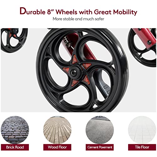 GYMAX 2 in 1 Foldable Rollator Walker, Height Adjustable 4 Wheel Transport Ch...