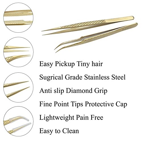HADIZ Eyelash Extension Tweezers, Curved Tip Stainless Steel Volume Lash Twee...