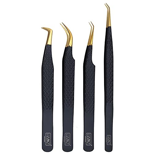 HADIZ Set of 4 Diamond Grip Eyelash Extensions Tweezers Japanese Stainless St...