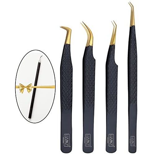 HADIZ Set of 4 Diamond Grip Eyelash Extensions Tweezers Japanese Stainless St...