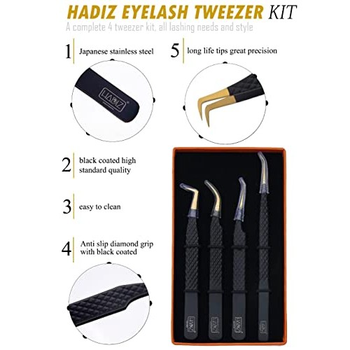HADIZ Set of 4 Diamond Grip Eyelash Extensions Tweezers Japanese Stainless St...