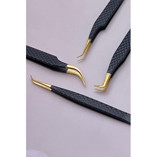 HADIZ Set of 4 Diamond Grip Eyelash Extensions Tweezers Japanese Stainless St...