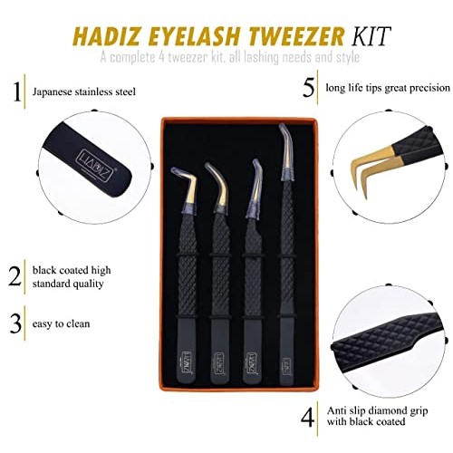 HADIZ Set of 4 Diamond Grip Eyelash Extensions Tweezers Japanese Stainless St...