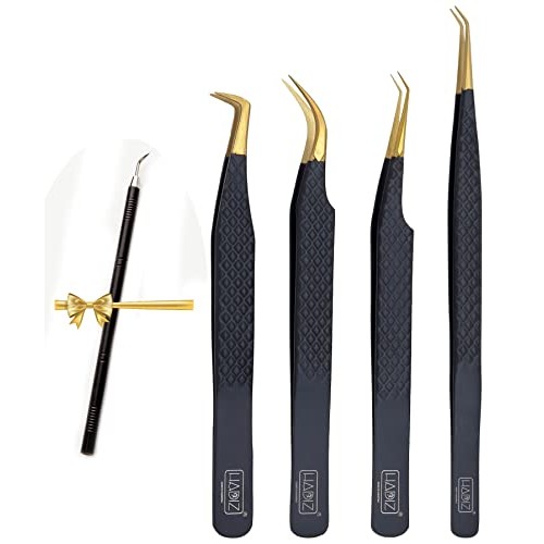 HADIZ Set of 4 Diamond Grip Eyelash Extensions Tweezers Japanese Stainless St...
