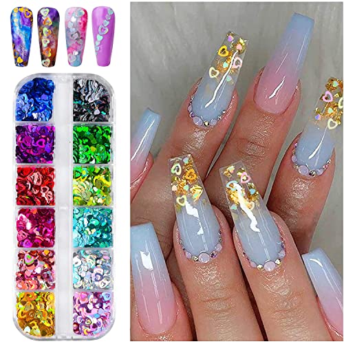 Valentine's Day Heart Nail Glitter Sequin Colorful Love Heart Nail Decal 3D N...
