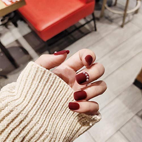 Haloty Square Press on Nails Red Short Fake Nails Tips Matte Pearl Full Cover...