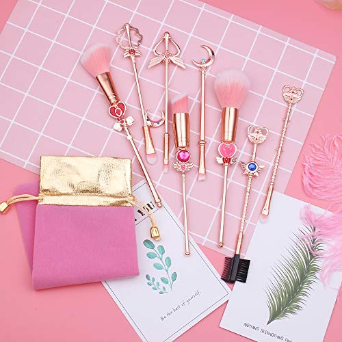8 Pcs Kawaii Sailor Moon Makeup Brush Set with Cute Pink Pouch, Cardcaptor Sa...