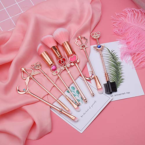 8 Pcs Kawaii Sailor Moon Makeup Brush Set with Cute Pink Pouch, Cardcaptor Sa...