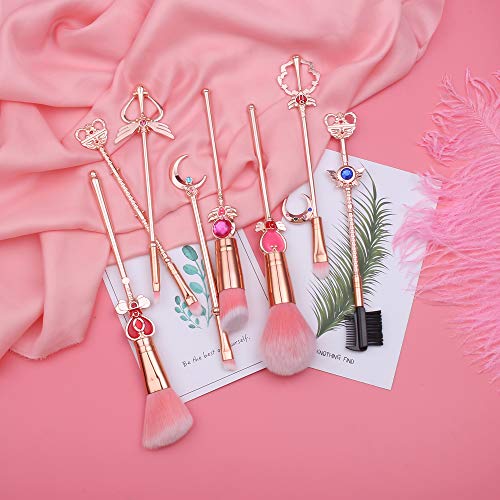 8 Pcs Kawaii Sailor Moon Makeup Brush Set with Cute Pink Pouch, Cardcaptor Sa...