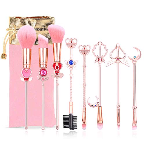 8 Pcs Kawaii Sailor Moon Makeup Brush Set with Cute Pink Pouch, Cardcaptor Sa...