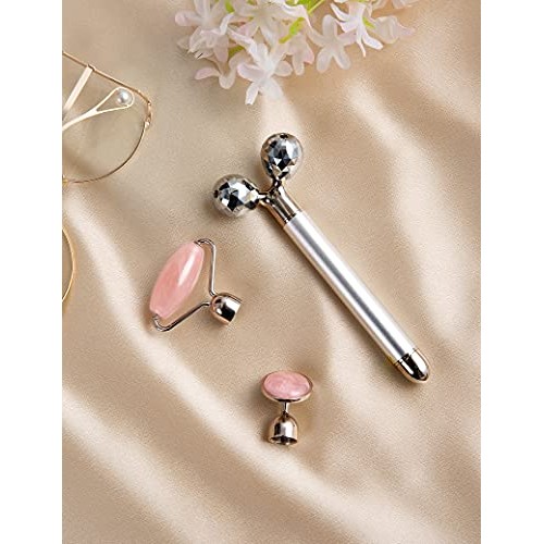 3in1 Face Massager For Women 3D V Line Lifting Rose Quartz Face Roller Skin C...