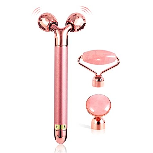 3in1 Face Massager For Women 3D V Line Lifting Rose Quartz Face Roller Skin C...