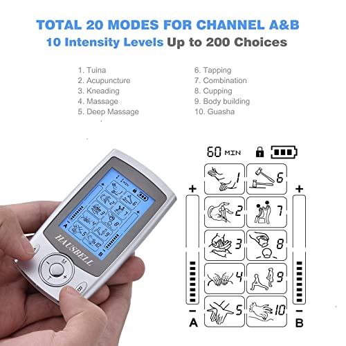 HAUSBELL Dual Channel TENS Unit Muscle Stimulator, 20 Modes Rechargeable TENS...