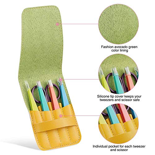 Tweezers Set, 4Pcs Eyebrows Tweezers and a Pair of Scissor with Leather Case,...