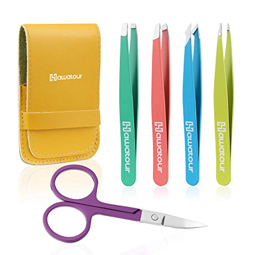 Tweezers Set, 4Pcs Eyebrows Tweezers and a Pair of Scissor with Leather Case,...