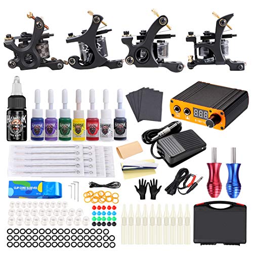 HAWINK Tattoo Complete Tattoo Kit 4 Pro Machine Guns 8 Inks Power Supply Foot...