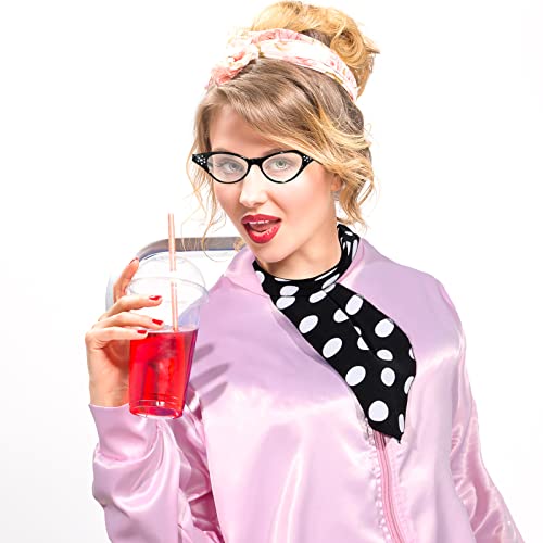 7 Pcs 1950s Pink Satin Jacket Drop Dot Neck Scarf Vintage Eye Glasses Chiffon...