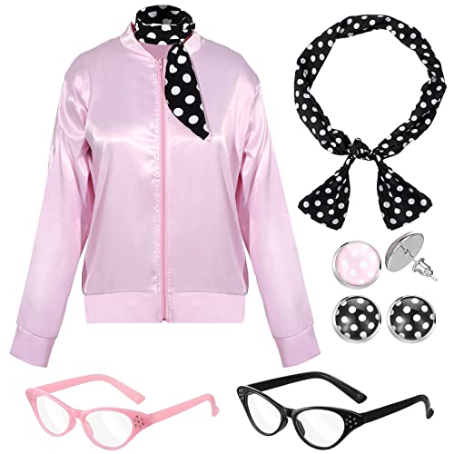 7 Pcs 1950s Pink Satin Jacket Drop Dot Neck Scarf Vintage Eye Glasses Chiffon...