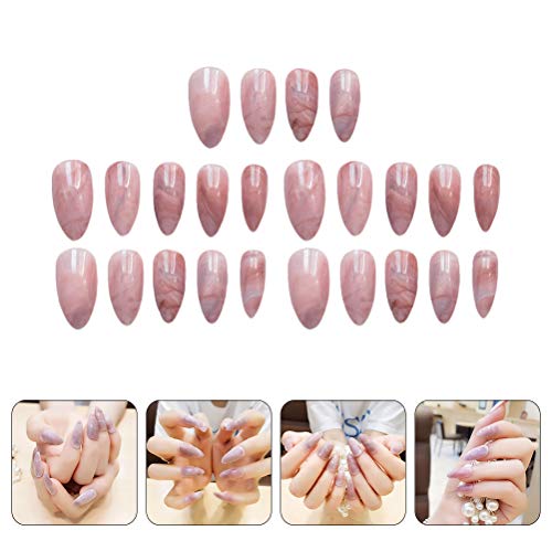 24Pcs Marble False Nails Long Full Cover Designed Fake Nails for Women Ladies...