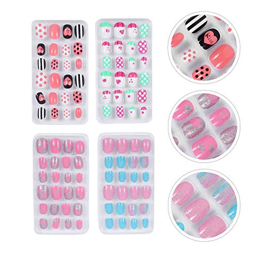 96pcs/ 4 Boxes Girl False Nails Kids Press on Short Fake Nails False Fingerna...