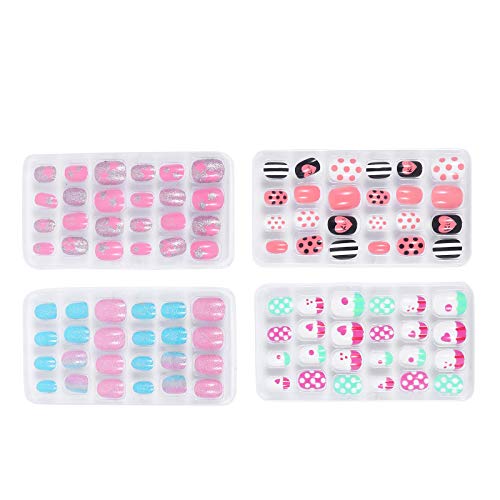 96pcs/ 4 Boxes Girl False Nails Kids Press on Short Fake Nails False Fingerna...