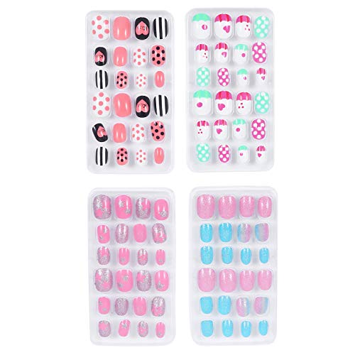 96pcs/ 4 Boxes Girl False Nails Kids Press on Short Fake Nails False Fingerna...