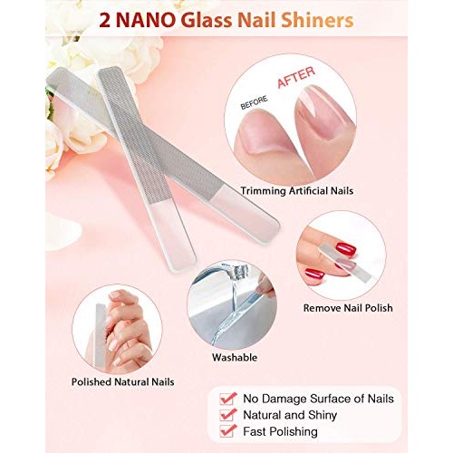 Glass Nail File and Nail Shiner, 4PC Crystal Nail File and Nano Glass Nail Bu...