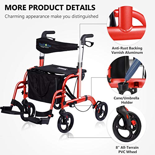 Health Line Massage Products 2 in 1 Rollator-Transport Chair w/Paded Seatrest...