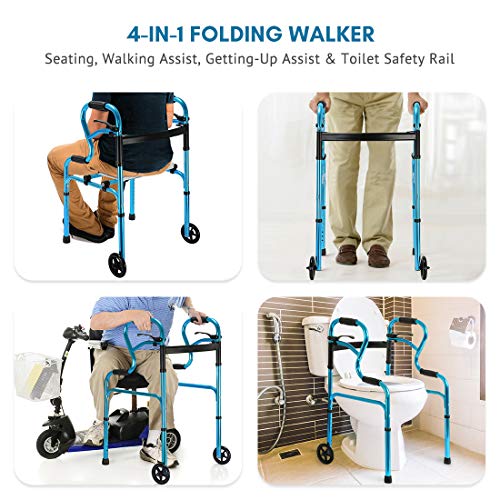 Health Line Massage Products 4-in-1 Stand-Assist Folding Walker with Detachab...