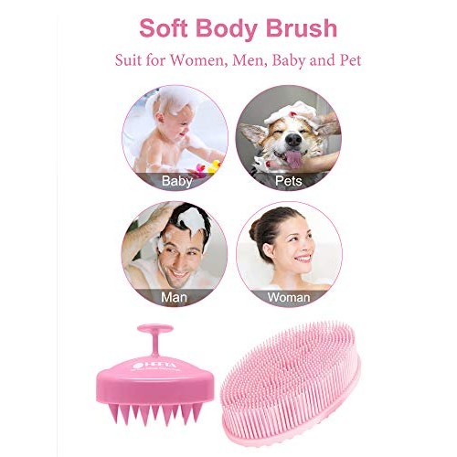 HEETA Hair Shampoo Brush Scalp Massager & Body Brush with Soft Silicone Brist...