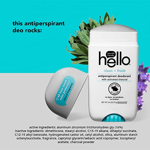 Hello Activated Charcoal Antiperspirant Deodorant for Women + Men, Natural Fr...