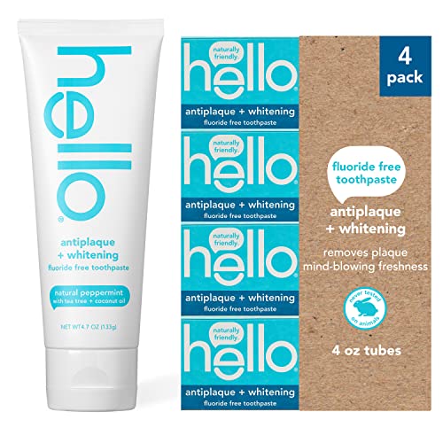 Hello Antiplaque and Whitening Fluoride Free Toothpaste, Natural Peppermint F...