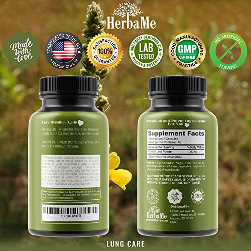 HerbaMe Mullein Leaf Capsules, 120 Count, 1000mg, Lung Care, Herbal Supplemen...