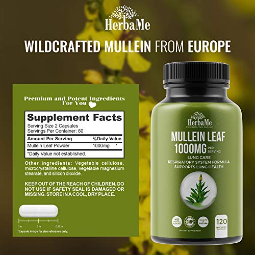 HerbaMe Mullein Leaf Capsules, 120 Count, 1000mg, Lung Care, Herbal Supplemen...